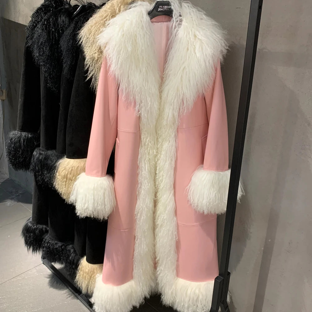 Suede Coat Fur Collar Women Autumn Genuine Sheepskin Coat Long with Mongfolian Fur Trim
