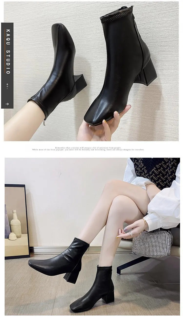 Ladies Bla High Heel ort Boots Spring Autumn Briti Sle Square Head  Boots Faionable Waterproof PU Leather