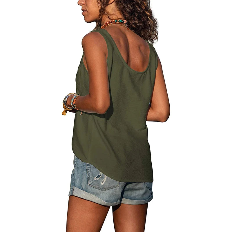 Women Summer Loose Vest Tops Buttons Chiffon Blouse Holiday T Shirt Casual Cami Tank Top Sleeveless Base V-neck Camisoles