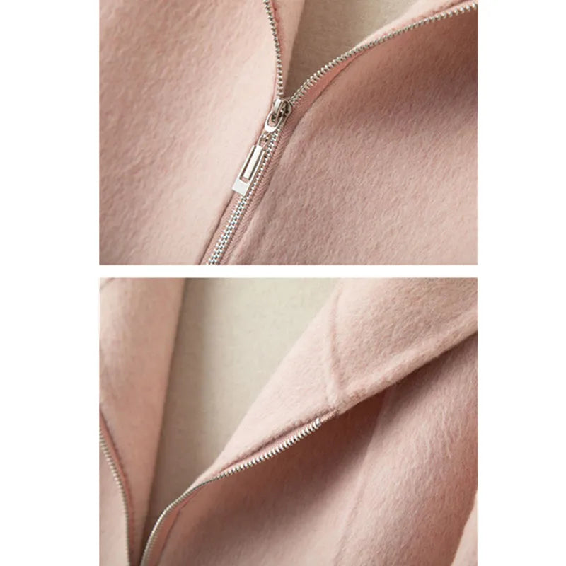 Elegant Woolen Coat Woman 2025 Winter New Fashion Pink Hooded Short Zipper Double-Sided Wool Jacket Ladies Slim Outerwear B810