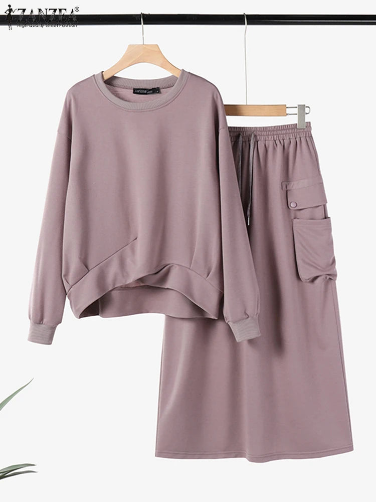 Autumn 2pcs Outfits Winter Stylish Women Sweatshirts Dress Sets 2025 ZANZEA Solid Matching Sets Long Sleeve Hoodies Sundress