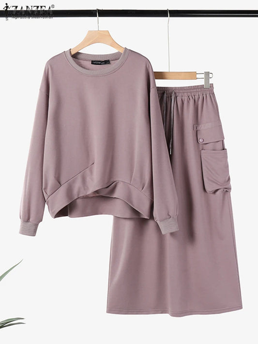 Autumn 2pcs Outfits Winter Stylish Women Sweatshirts Dress Sets 2025 ZANZEA Solid Matching Sets Long Sleeve Hoodies Sundress