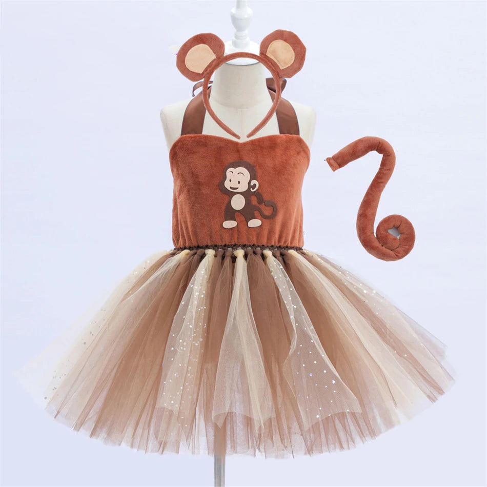 Girl Cartoon Raccoon Sloth Koala Piggy Rabbit Tutu Sling Dress Children Cosplay Festival Performance Dance Costume Headband Sets