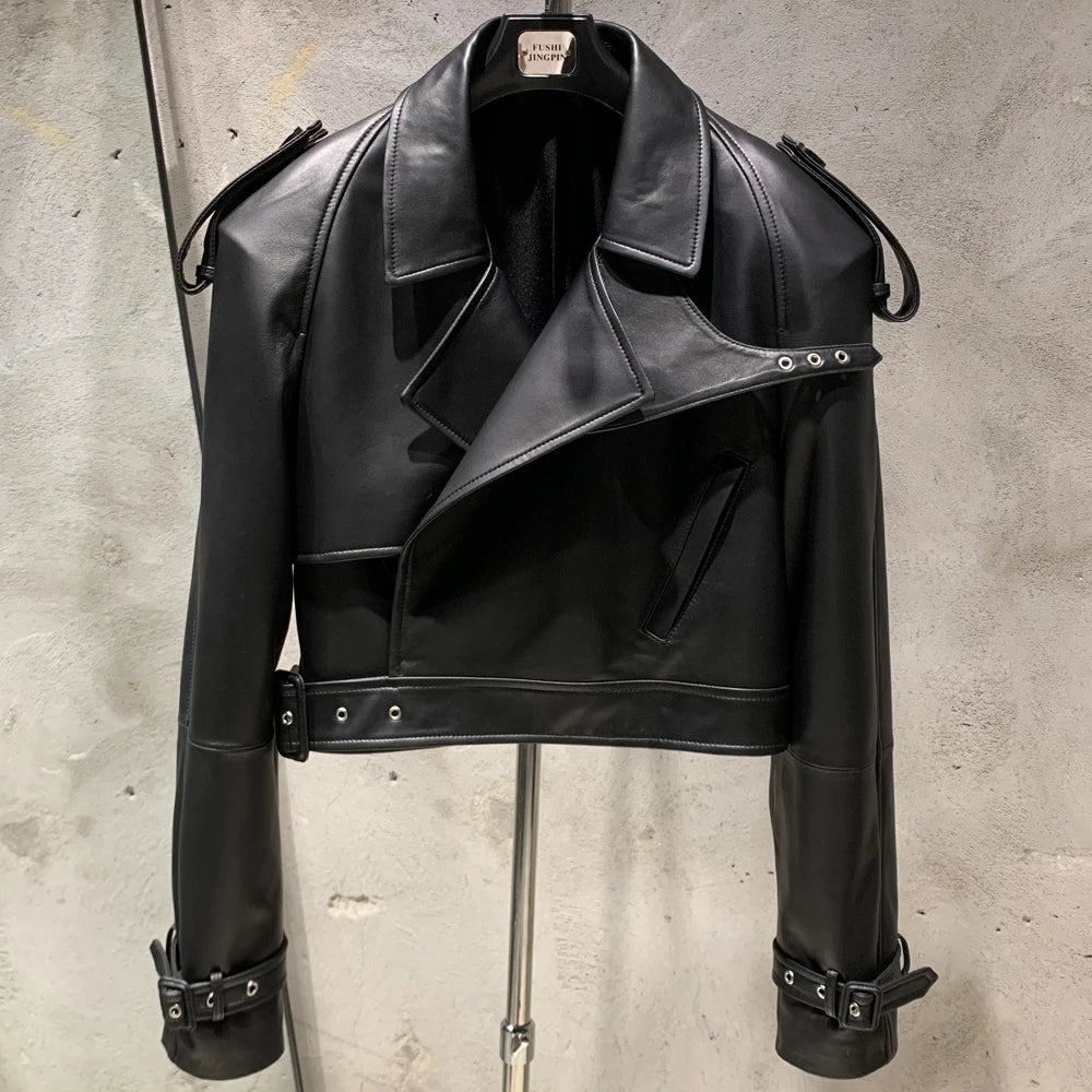 Female Leather Jacket Women Winter Genuine Sheep Leather Coat Wide Shoulder Paddad 23012