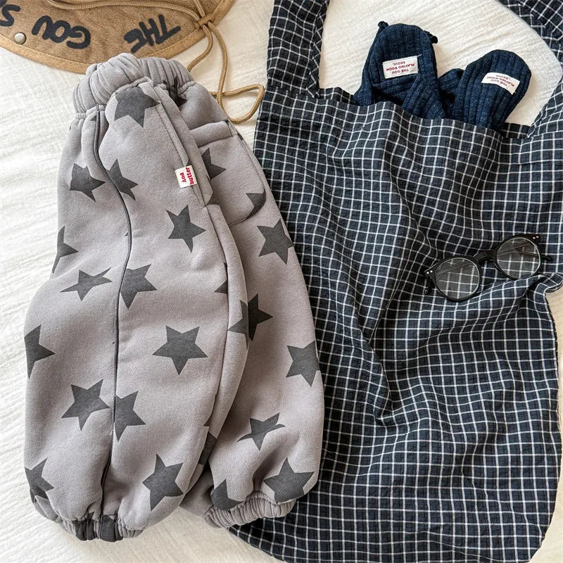 2025 Winter New Children Plus Velvet Thick Casual Pants Fashion Print Boys Fleece Sweat Pants Girls Warm Trousers Kids Clothes