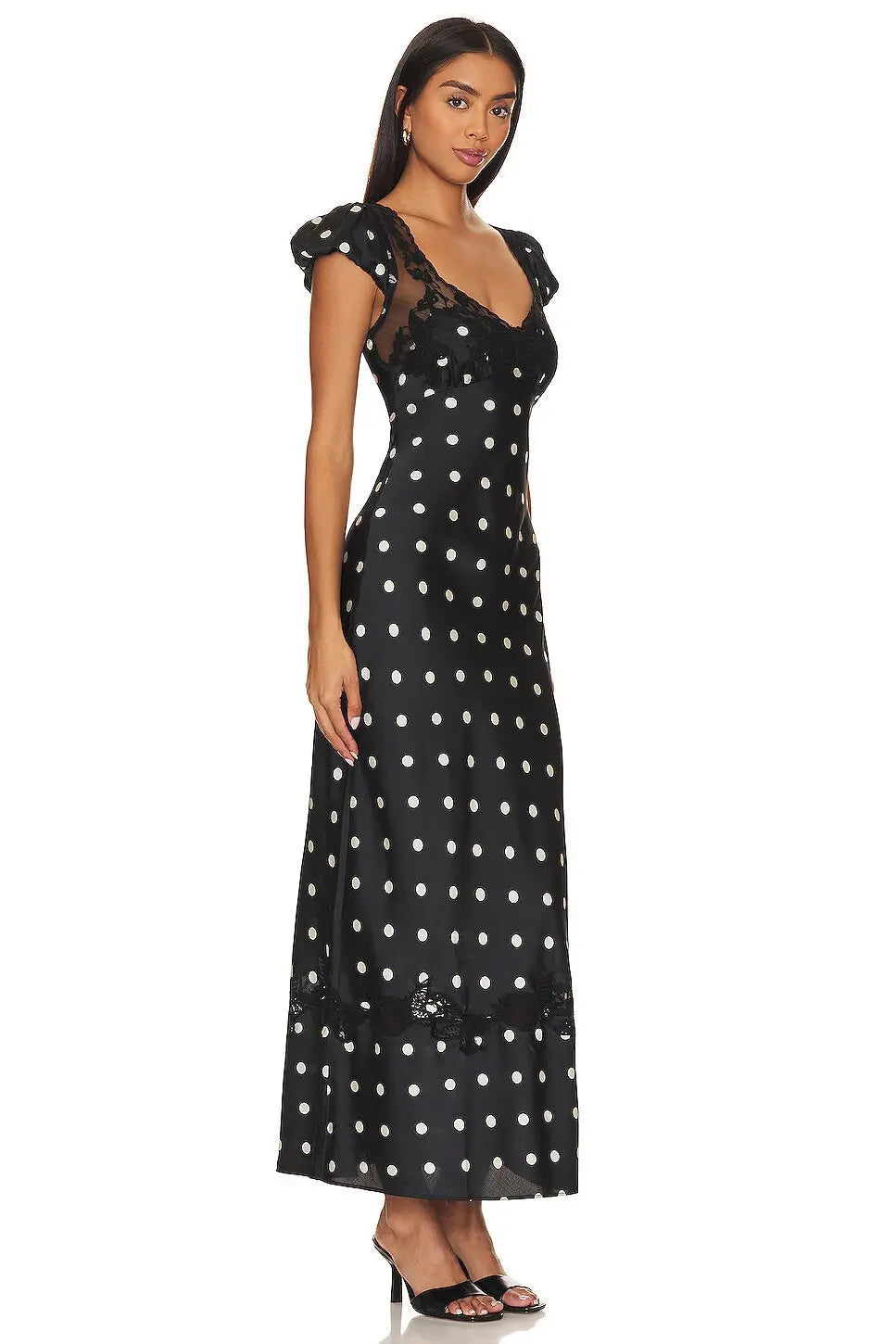 Luxurious Silk Satin Long Dress Elegant Puff Sleeve Polka Dot Floral Gown Sexy Open Back Midi Dresses for Evening Cocktail