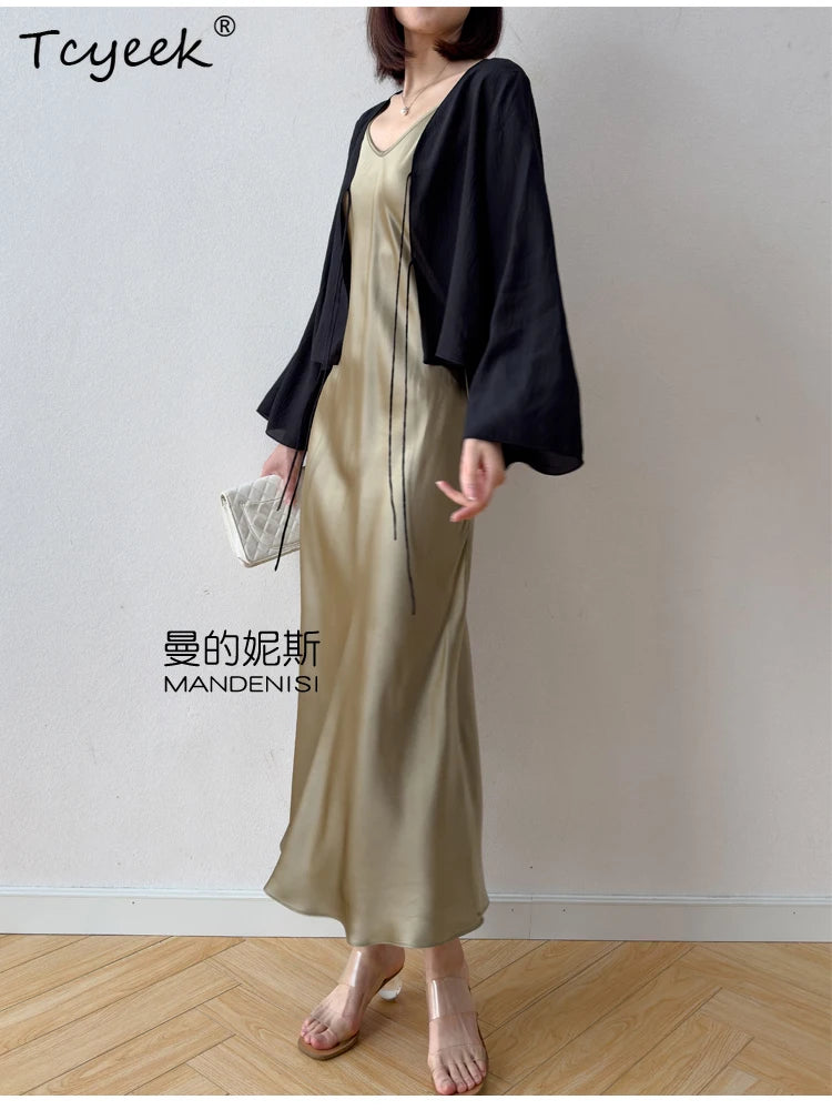 Tcyeek 100% Natural Mulberry Silk Long Dress 21MM Real Silk Summer Dresses for Women 2026 Elegant Dresses Womens Clothing Платье