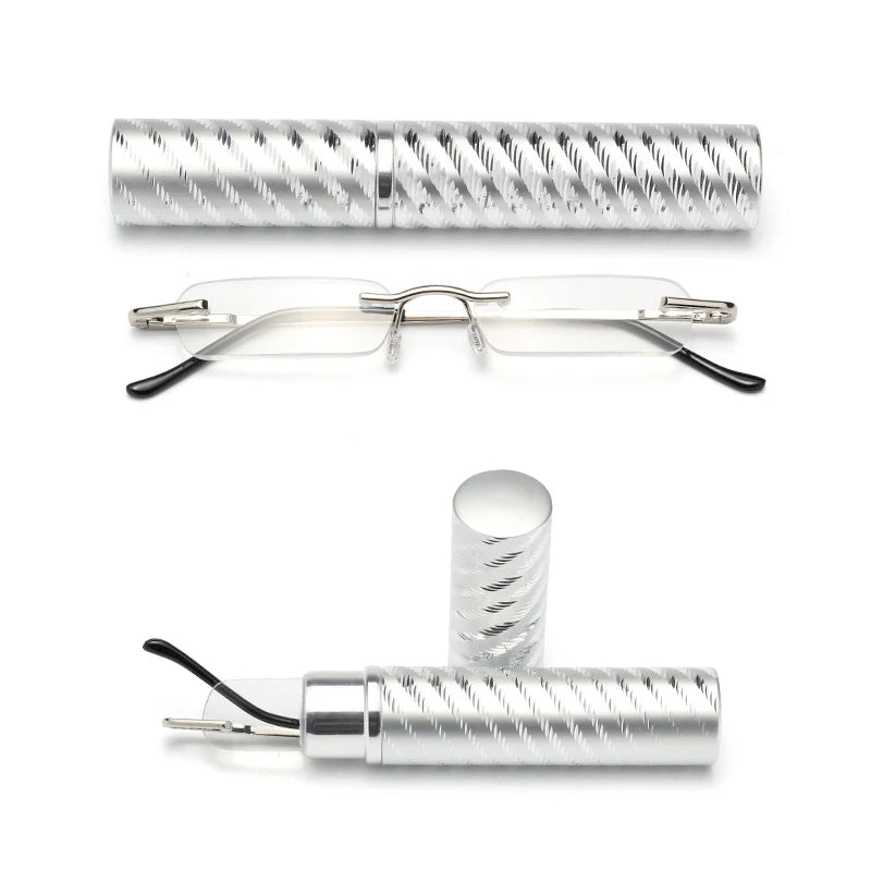 Premium Frameless Reading Glasses for Travel Spiral Metallic Tube Case Spring Hinges Lightweight for Men & Women