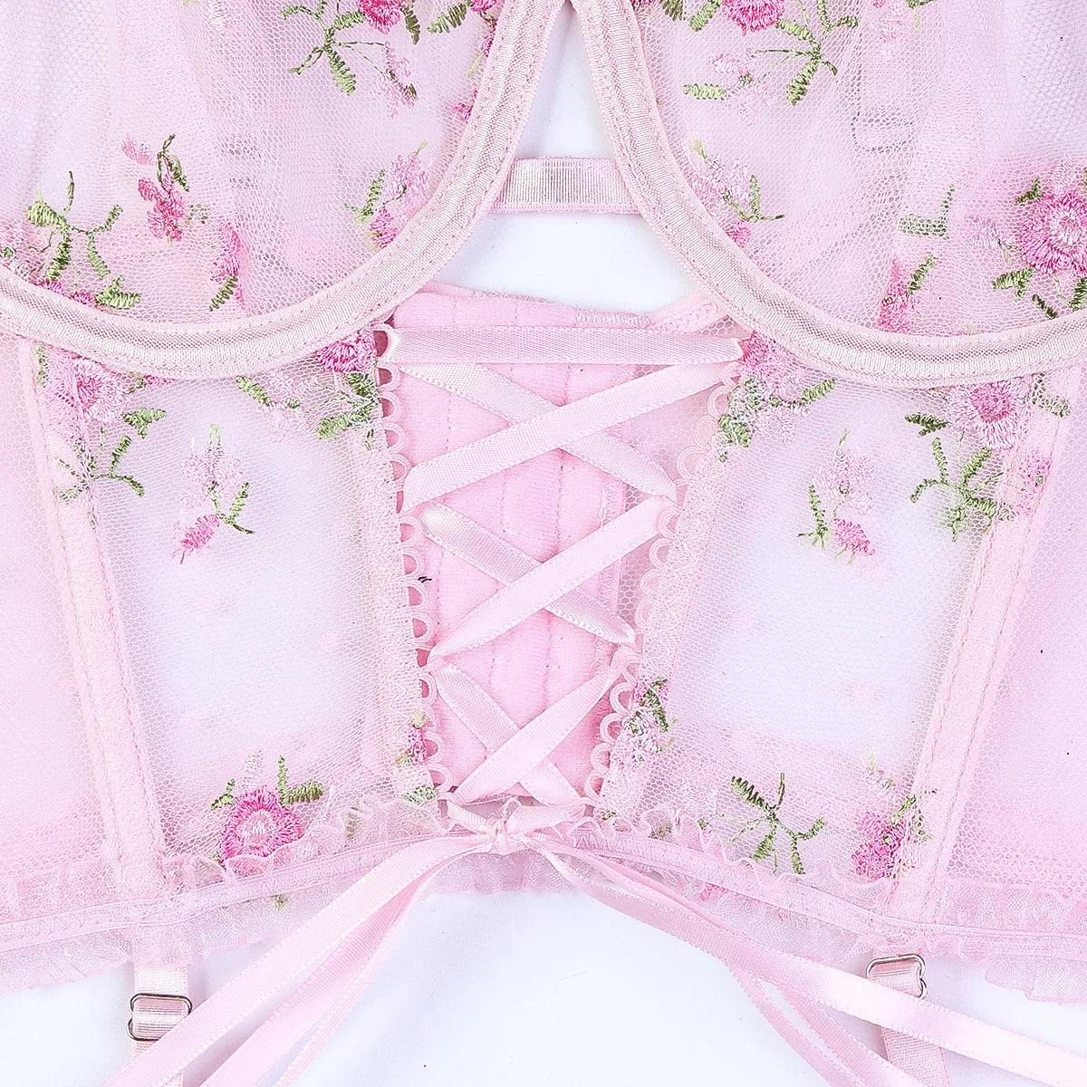 Lingerie Embroidery Printing Bra Garters Set For Women Mesh See- Through Hollow Out Exotic Sexy Underwear Suit