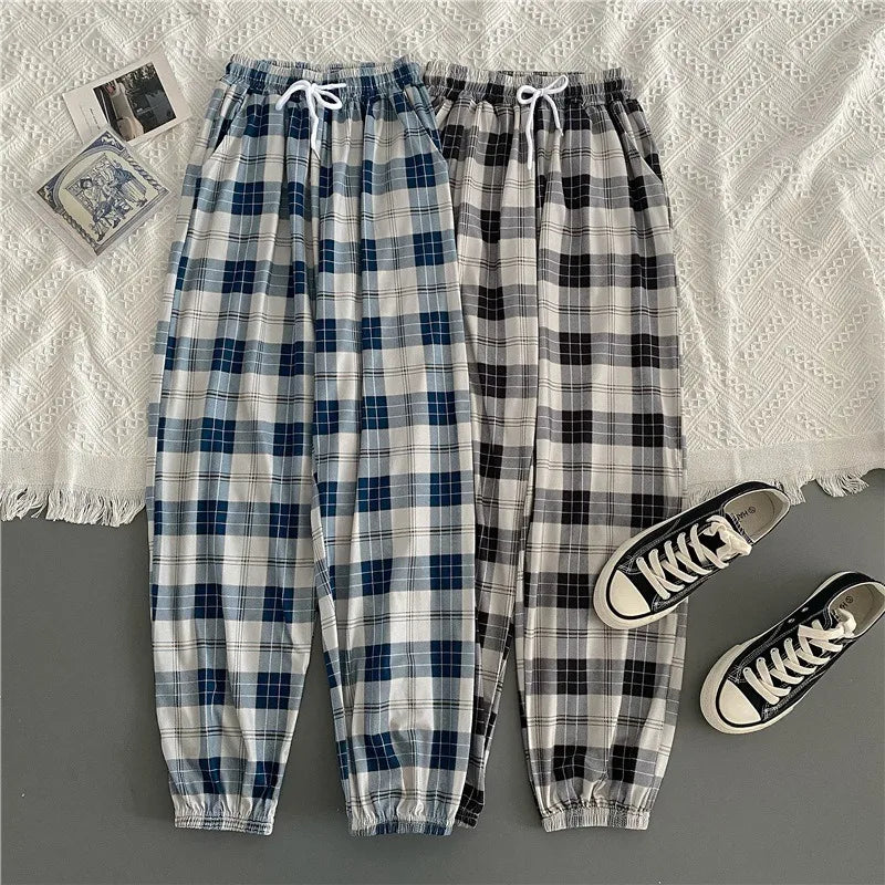 Pants Women New Bunch of Feet Fashion Loose Black Plaid Summer Harajuku Students Streetwear Harem Long Trousers Womens Chic