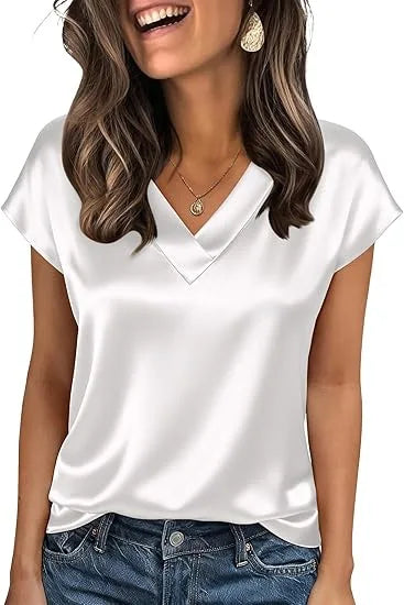 Women's Summer New T-shirt Casual V-Neck Short Sleeve Blouse Business Casual Tops Satins Silk Summer Shirt Work Solid Color Tops