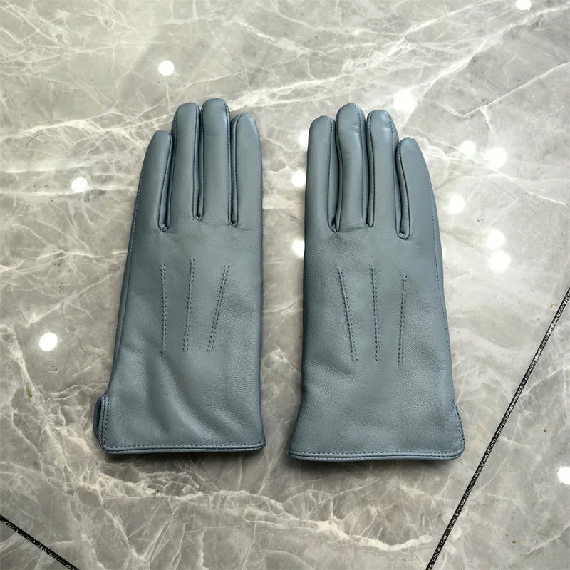 Women's Ladies 100% Real Leather Sheep skin Elegant Winter Warm Thick Lining White Pink Colorful Cute Outdoor Short Gloves