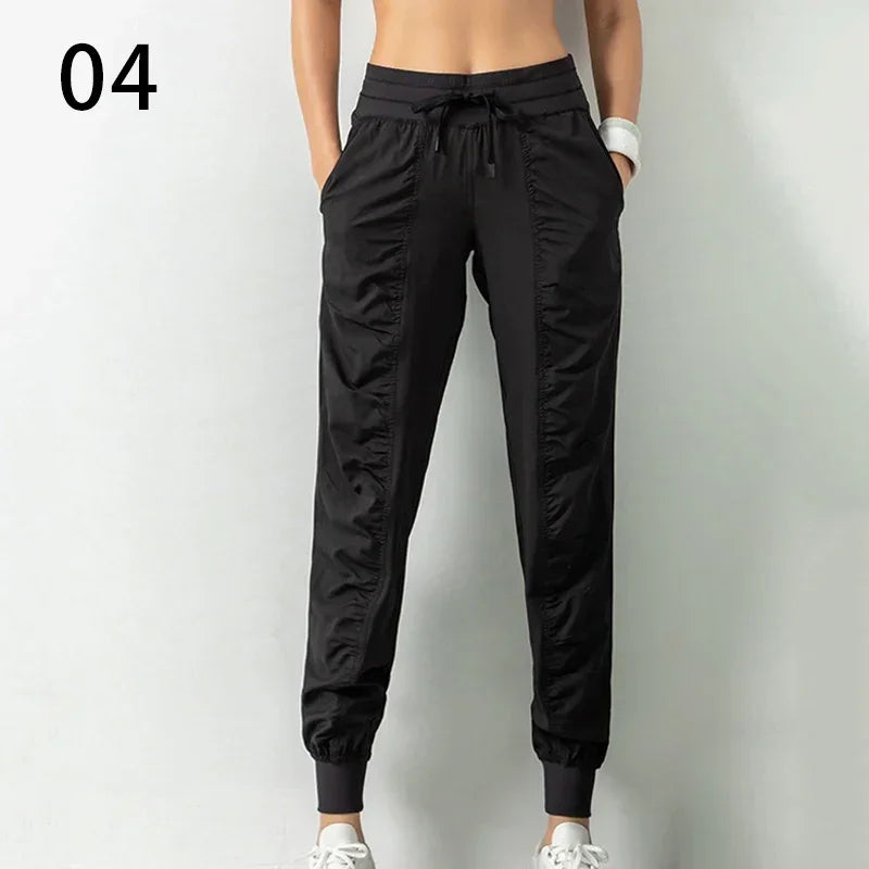 Sweatpants Fabric Drawstring Running Sport Joggers Women Quick Dry Athletic Gym Fitness with Two Side Pockets Exercise Pants