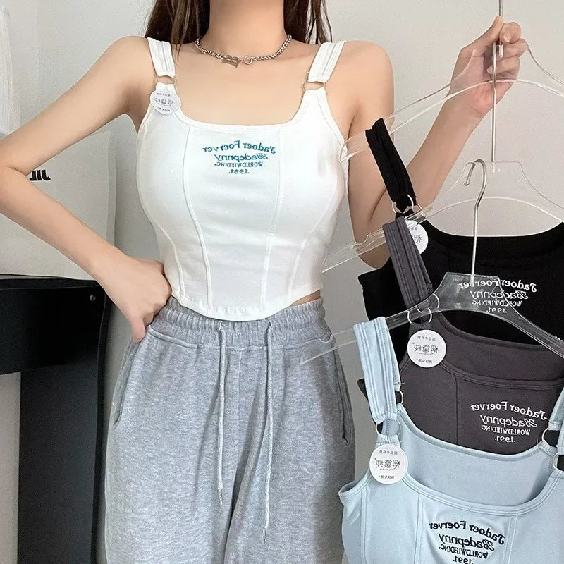 Women Summer Tops Sexy Camisole Square Collar Tank Top Y2k Slveless Female Crop Tops With Pad Fashion Vest Embroidery Letter