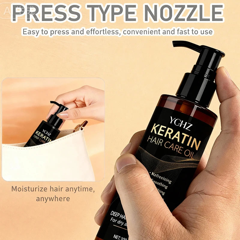 Keratin Hair Oil, Nourishes and Protects Hair, Effectively Moisturizes and Cares for It, Instantly Makes Hair Shiny and Smooth, with a Charming Fragrance, Suitable for All Dry and Frizzy Hair Types