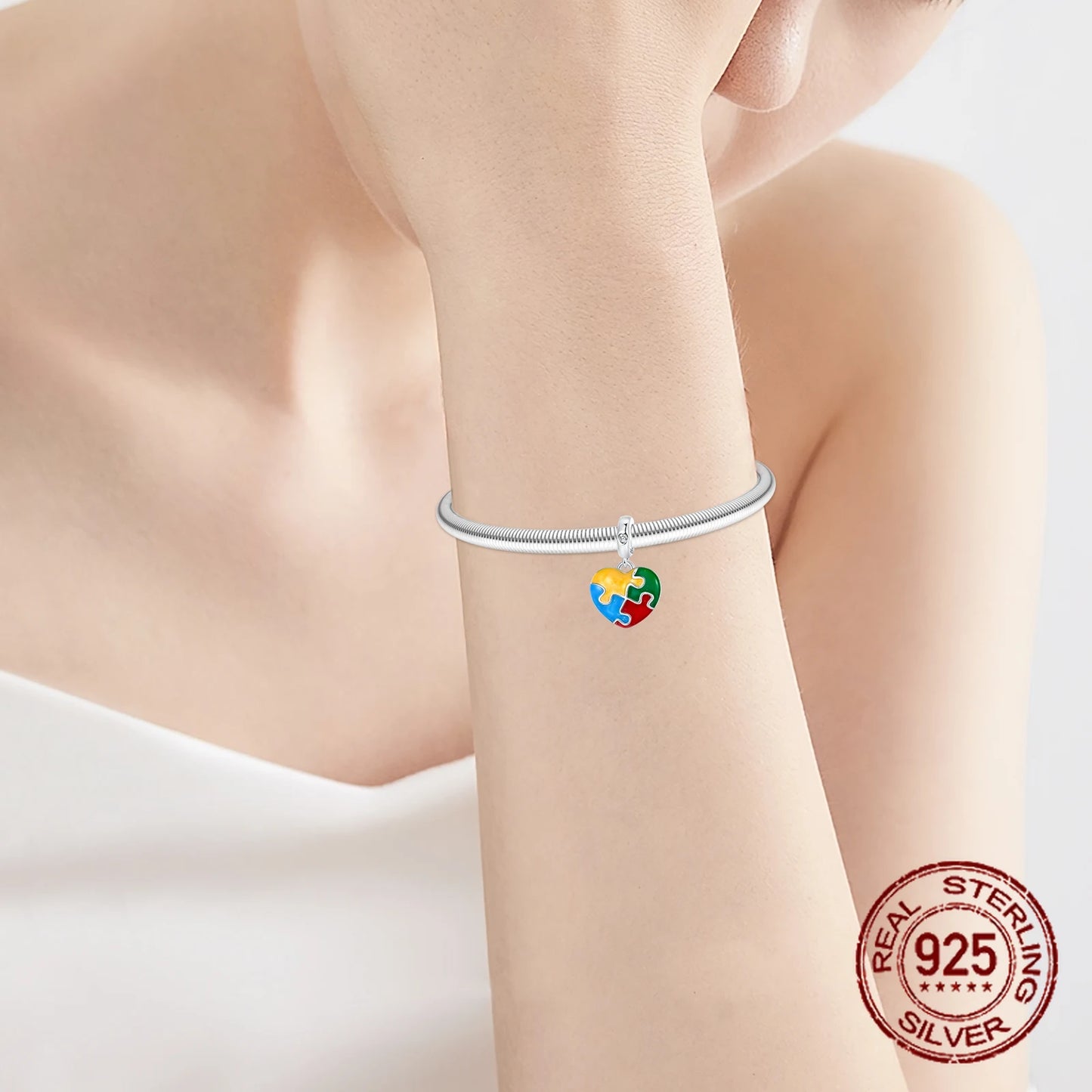 925 Sterling Silver Autism Awareness Puzzle Pendant Charm Introvert Caring for Mental Health Jewelry Gifts for Friends