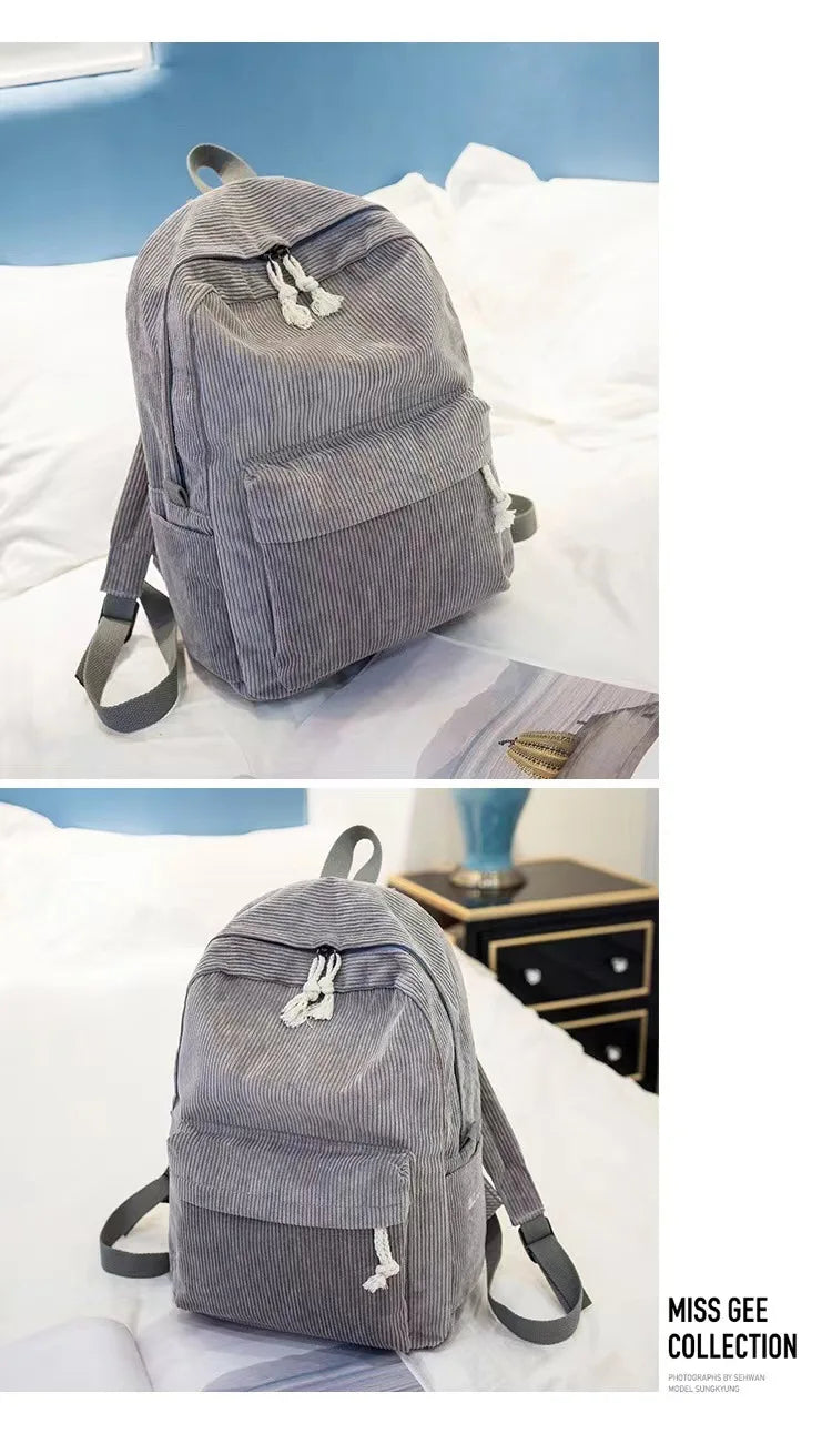 Corduroy Backpack, Academy Fashion School Bags for Middle/High School & College, Cute Tassel Detail, Versatile Casual Daily Bag