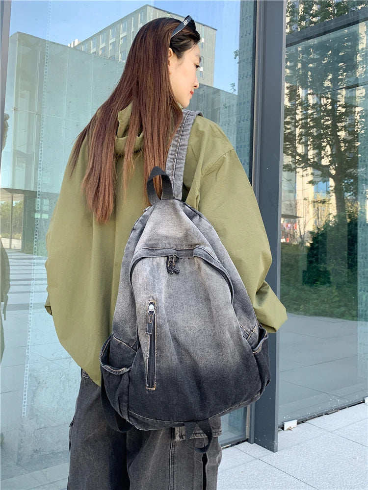 Men's and Women's Backpacks, Student School Bags, Large-Capacity Washed Denim Bags