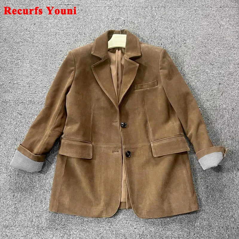Retro Nubuck Suede Leather Suit Coat Women 2024 Autumn Winter Genuine Cow Suede Jacket Vintage Coffee Oversized Jacket Outwear