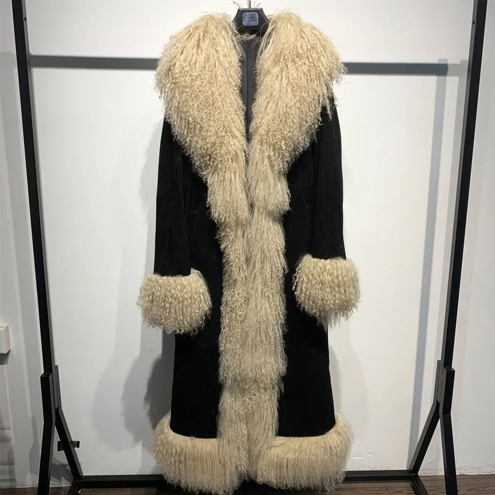 Suede Coat Fur Collar Women Autumn Genuine Sheepskin Coat Long with Mongfolian Fur Trim
