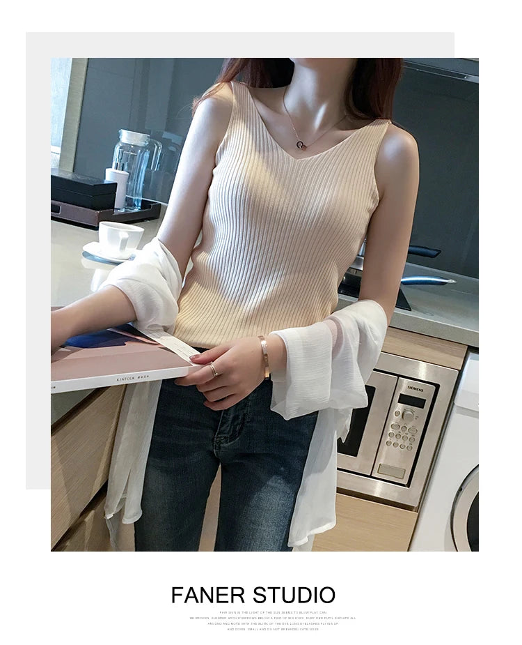 Summer Casual Tank Top Women Sleeveless Knitted T-Shirts Female Elastic Slim Vests Crop Tops Tanks & Camis Pullover Shirts