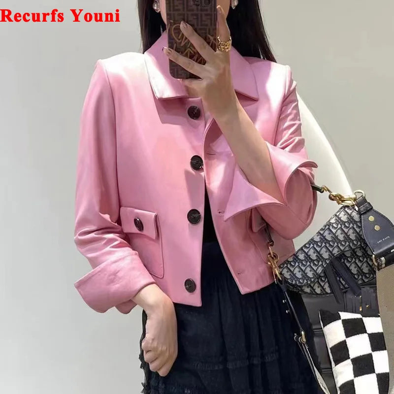 Women Genuine Leather Jacket 2025 Winter Female Square Collar Pocket Single-Breasted Slim Short Coat Mujer Outwear Blazer Kurtki