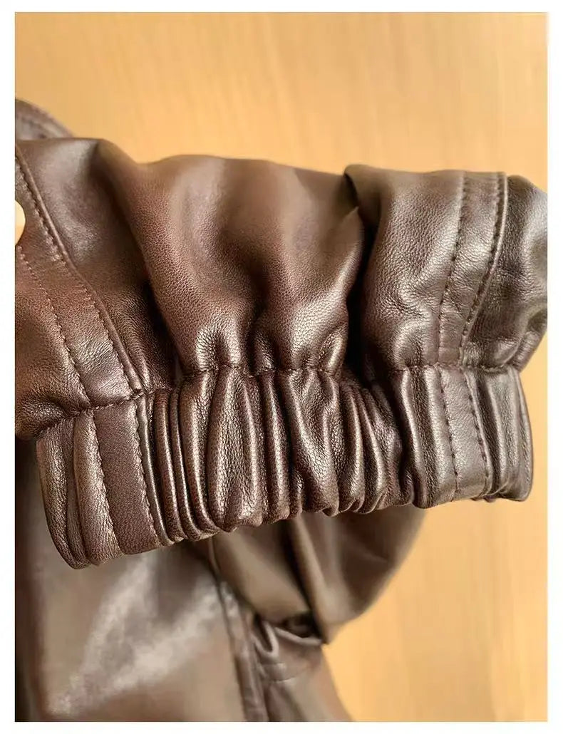 Imported Lightweight Leather Jacket for Women Modern Genuine Sheepskin Stand Up Collar Short Silhouette Coat Winter Tops Mujer