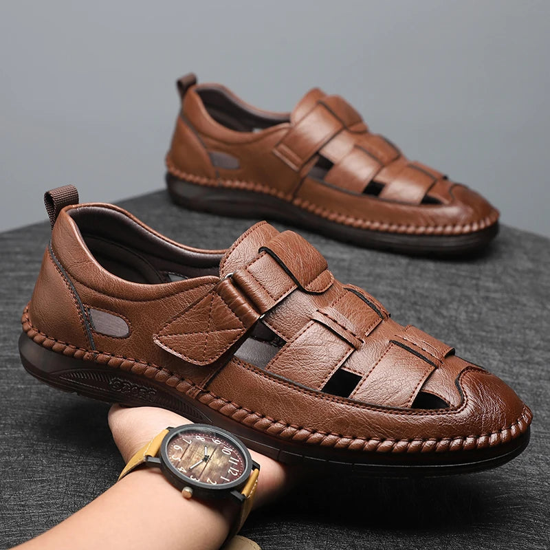 Genuine Leather 2024 Summer Special Offer Men's Business Casual Hollow Work with Holes Leather Sandals Men's Work Hole Sandals