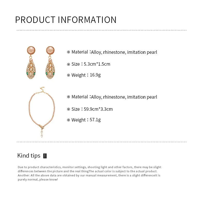 Snake Necklaces Drop Earrings Jewelry Set Luxury Rhinestone Imitation Pearl Beaded Chain Necklace for Party Wedding Bridal Gifts