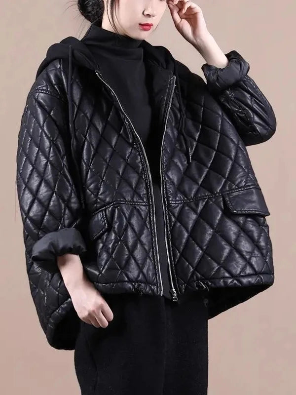 Faionable ort PU Leather Jaet Women's Thiened Cotton Inserted Outerwear Sli Commute Sle Long Sve Zipper Design