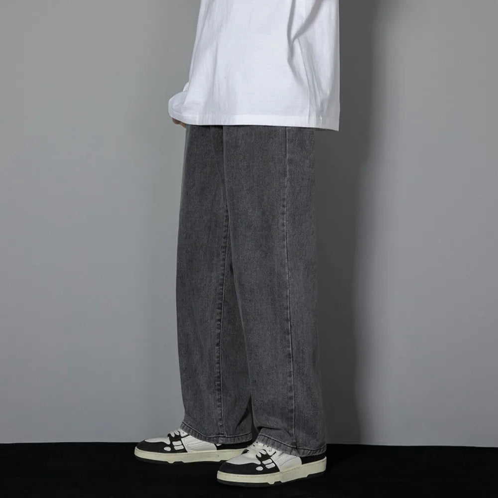 Korean Solid Colors Men's Casual Long Jeans Classic Man Four Seasons Straight Denim Wide-leg Pants Light Blue Grey Black 3XL