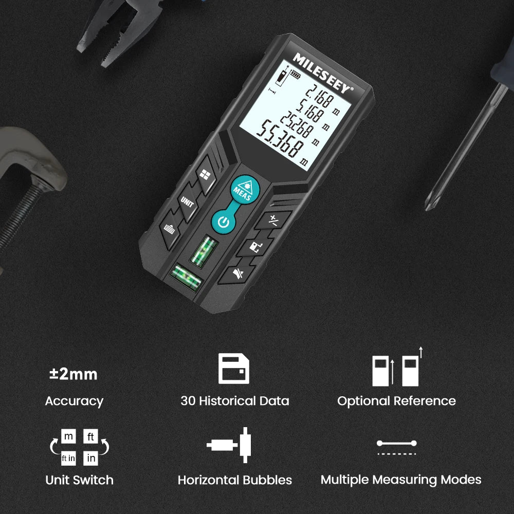 Mileseey D2 Laser Distance Meter,40m/120m Rangefinder,Rechargeable Angle Optional, Ft/M Unit, With Leveling Bubble Measure Tools