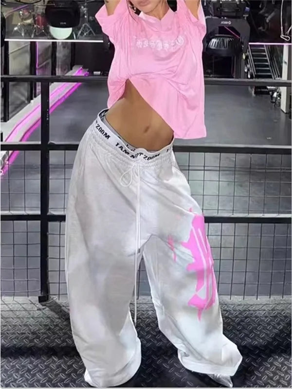 American Hiphop Street Dance Letter Print Loose Sports Pants Double Waist for Women Casual Wide Leg Pants Comfortable Fit