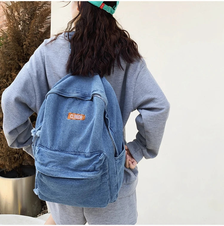 100% Cotton School Bags Solid Black Canvas Casual Backpacks Unisex Large Capacity Denim Satchels Soft Cloth Travel Packages