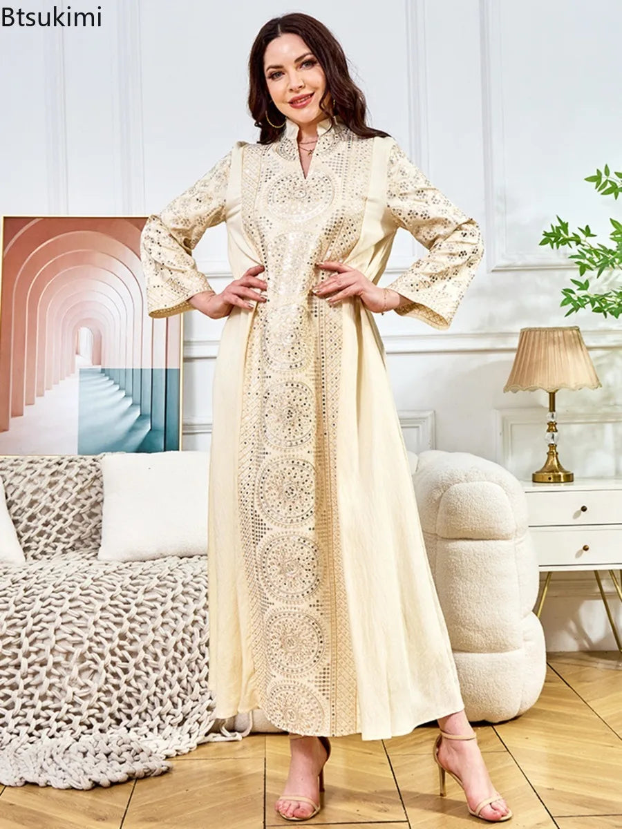 Women Elegant Dresses Eid Muslim Sequins Maxi Dress Jalabiya Morocco Party Robe Evening Dresses Dubai Abaya Kaftan Arab Vestidos