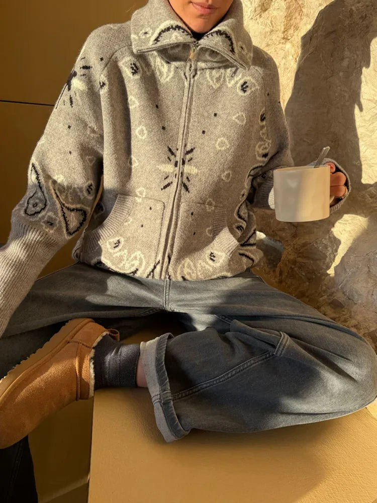 Jacquard Knitted Women's Cardigan Sweater Fashion Zipper Loose Pocket Casual Lady Sweaters 2026 Spring Street Long Sleeve Top