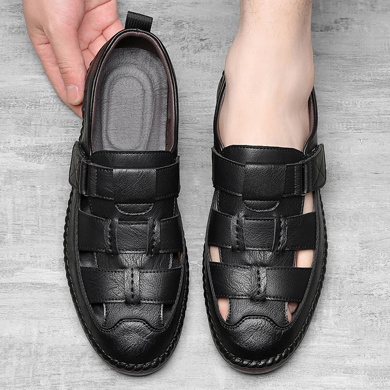 Genuine Leather 2024 Summer Special Offer Men's Business Casual Hollow Work with Holes Leather Sandals Men's Work Hole Sandals