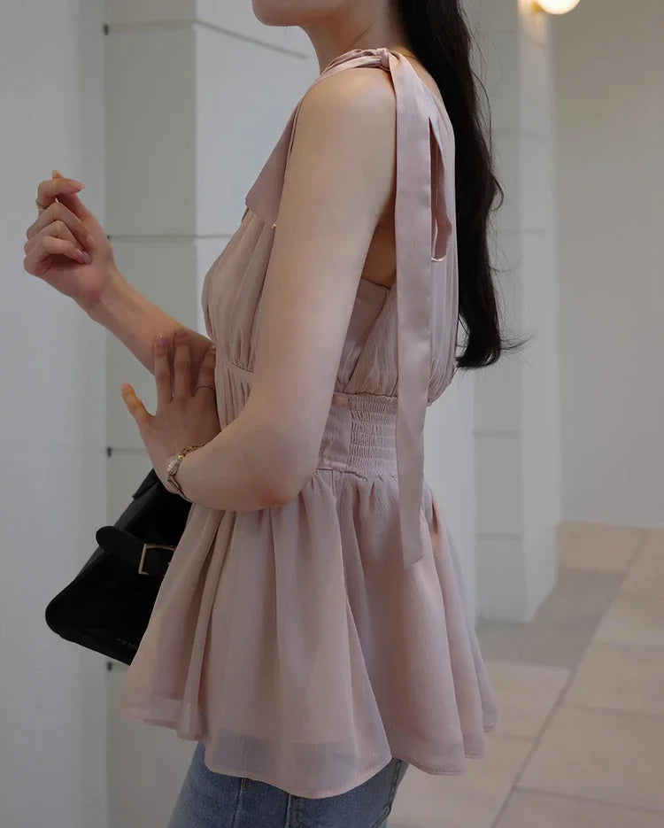 Women's Tops Summer Bow Tie Sweet Elegant Blouse Femme V Neck Shirt Waist-Cinching Japanese Style Sleeveless Chiffon Blouse