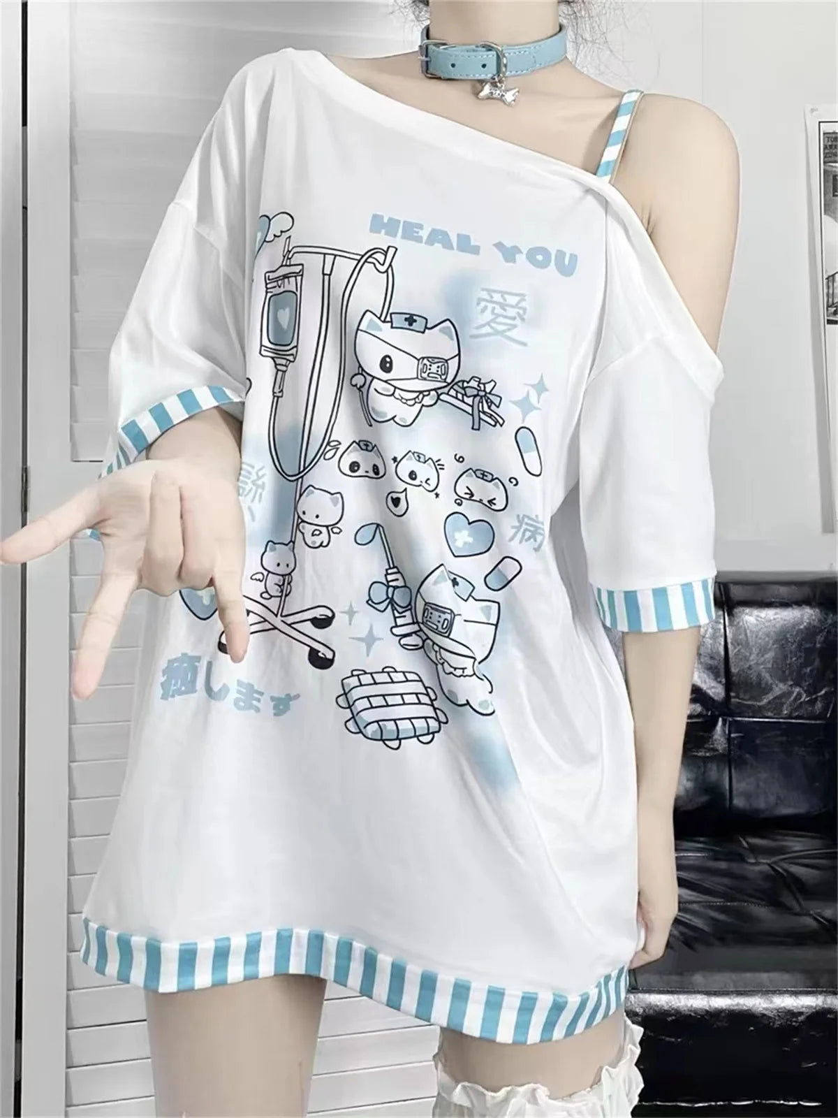 Summer T-Shirts Japanese Women T Shirts Oversized Tops 2025 Ropa Mujer Off Shoulder Anime Print Tees Casual Fashion Y2k Tshirts