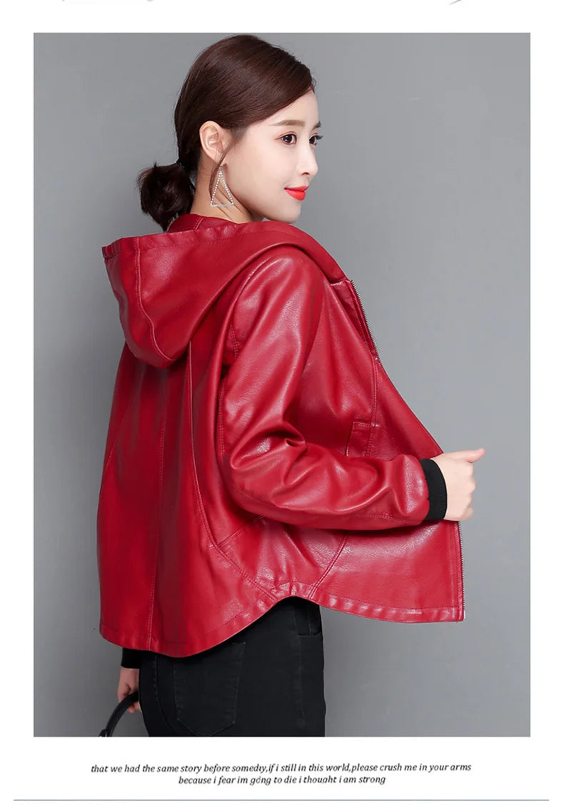 New Women Casual Leather Jacket Spring Autumn Fashion Hooded Zipper Split Leather Loose Outerwear Short Sheepskin Tops Coat