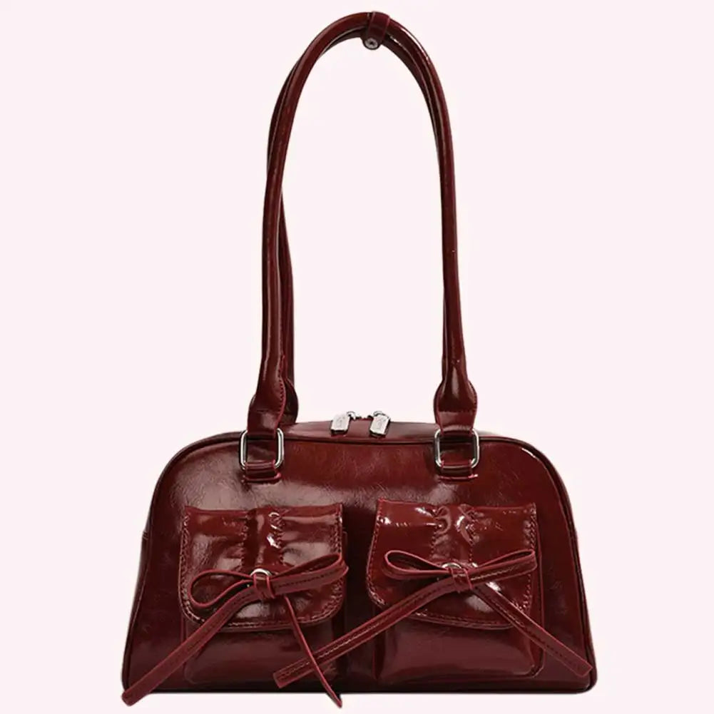 Women Trendy Handbags Double Pockets PU Leather Fashion Shoulder Bag with Bow Stylish Underarm Bag Solid Color for Outdoor Party