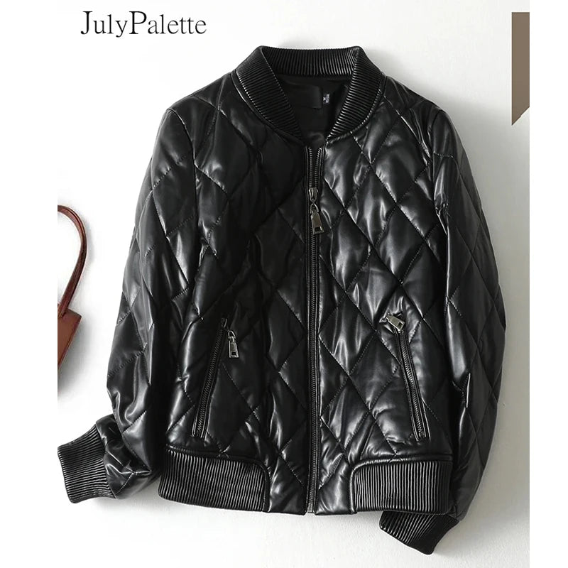 Julypalette 90% White Duck Down Real Sheepskin Jackets Black Casual Women Winter Zipper Lambskin Leather Warm Coats Size M-5XL