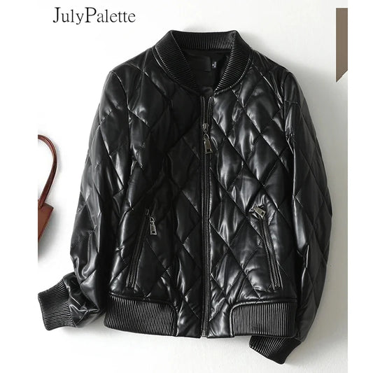 Julypalette 90% White Duck Down Real Sheepskin Jackets Black Casual Women Winter Zipper Lambskin Leather Warm Coats Size M-5XL
