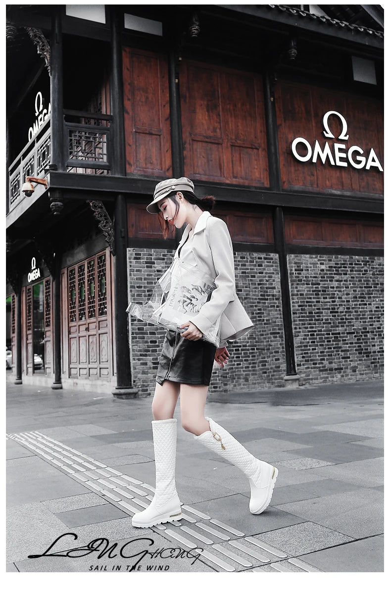 Raised Checkerboard With Metal Square Buckle Warmth Plush Lining Women's Snow Boots Flat Bottoms Elevated Knee Length Boots