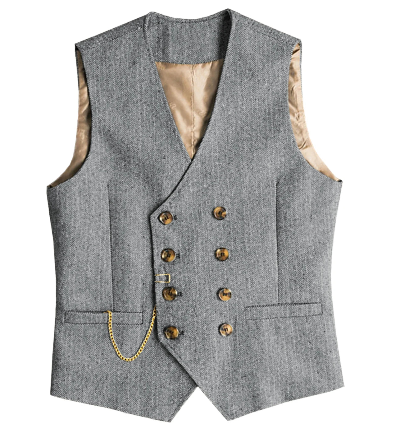 V Neck Men's  Suit Vests Herringbone Wool Tweed Double Breasted Waistcoat Tuxedo Groomsmen For  Wedding