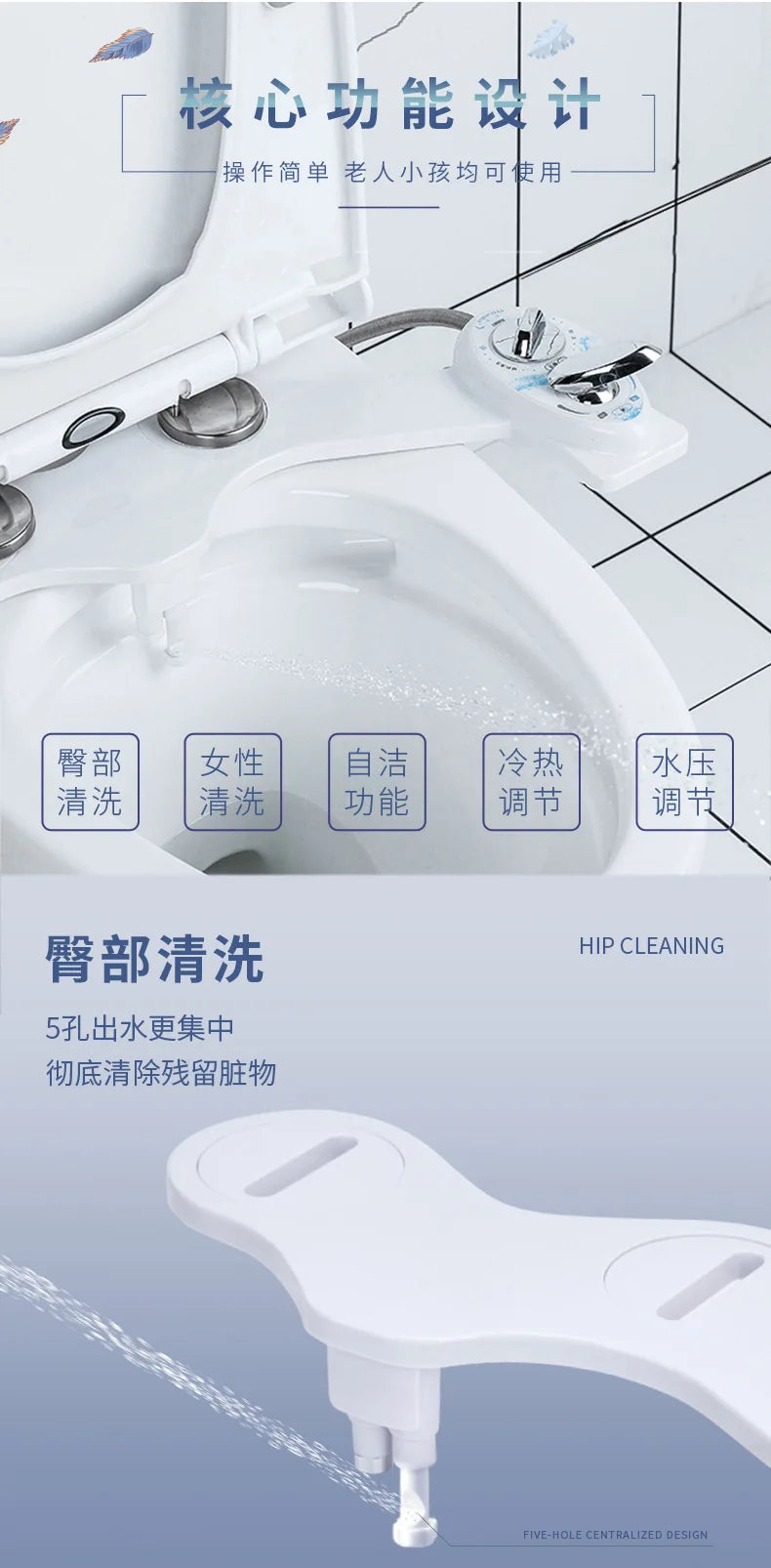 The Left Hand Bidet Non-Electric Bidet Self Cleaning Dual Nozzle (Frontal and Rear Washing) Water Bidet Toilet Seat Attachment