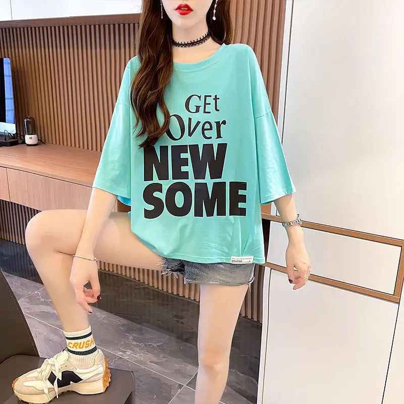 Women's T-shirt Summer Outfit Graphic Short Sleeve Cotton Top Female Baggy Trending Clothing Korean Popular Clothes Cheap Woman