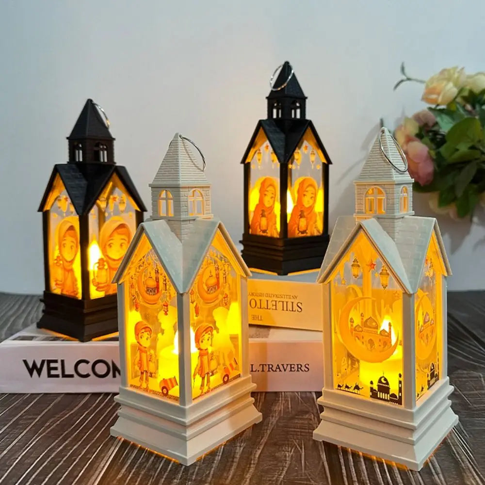 Moon Castle Eid Mubarak Candle Lamp Plastic Elegant Ramadan Wind Lantern Festival LED Portable Lamp Holiday Party Supplies