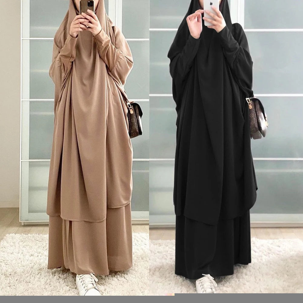 15 Colors Eid Hooded Muslim Dress Set Women Hijab Dress Prayer Garment Islamic Abaya Long Khimar Ramadan Gown Abayas Skirt Suit
