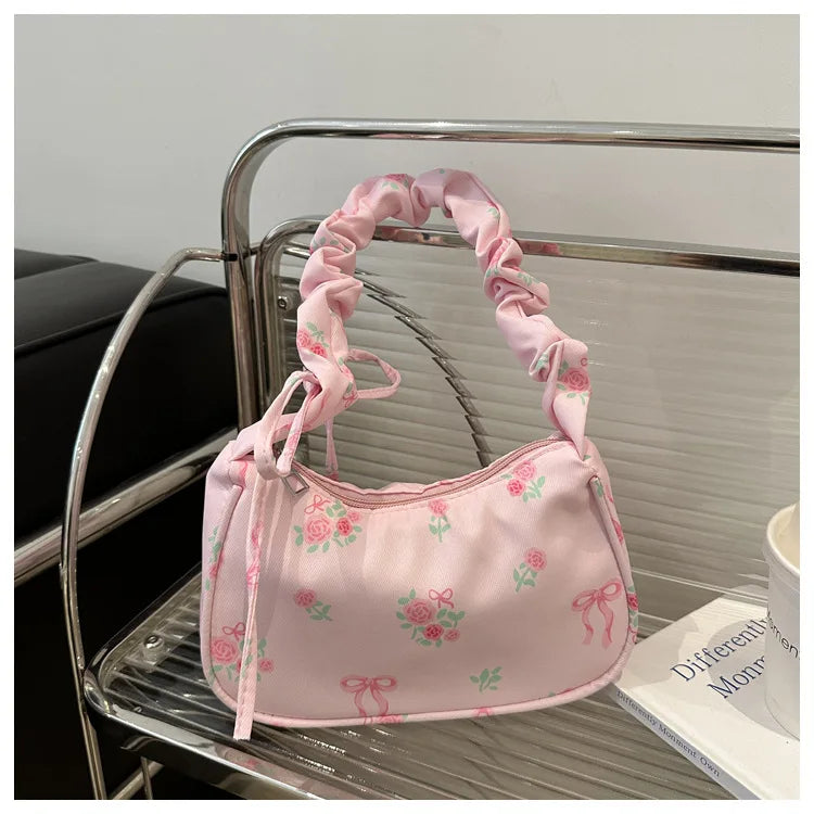 Women's Bags New Sweet Print Canvas Handbags Korean Floral Bow Printed Zipper Tote Bag Female Small Shoulder Bag